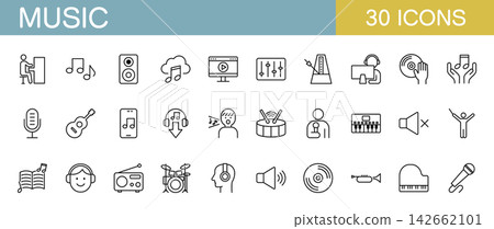 A set of line icons related to music, such as performance, education, and lessons. A set of line icons related to music, such as performance, education, and lessons. 142662101