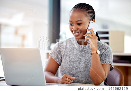 Laptop, phone call and black woman in office with networking, smile and communication for online research. Business, planning and sales consultant with smartphone, computer and advisory conversation. Laptop, phone call and black woman in office with networking, smile and communication for online research. Business, planning and sales consultant with smartphone, computer and advisory conversation. 142662139