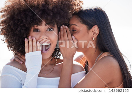 Gossip, wow and girl friends with secret, whisper and excited from news with listening outdoor. Summer, happy and young women with crazy surprise and shock from conversation together with bonding Gossip, wow and girl friends with secret, whisper and excited from news with listening outdoor. Summer, happy and young women with crazy surprise and shock from conversation together with bonding 142662165