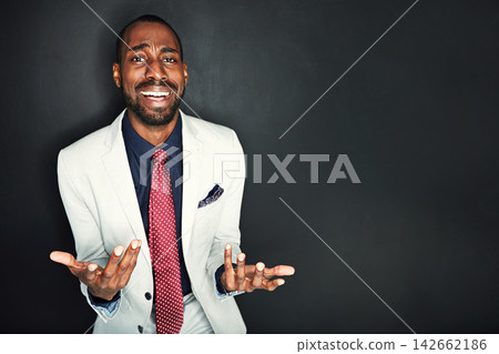 Portrait, black man and confused as lawyer in studio on dark background regret, unsure and disappointed. Mockup, advocate and worried with law firm, company and please with begging, lose and fail 142662186