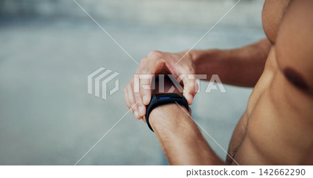 Fitness, hands and check watch with time for workout goals, cardio progress or running. Sports health, athlete and shirtless person with clock for monitor performance, training app or track speed Fitness, hands and check watch with time for workout goals, cardio progress or running. Sports health, athlete and shirtless person with clock for monitor performance, training app or track speed 142662290