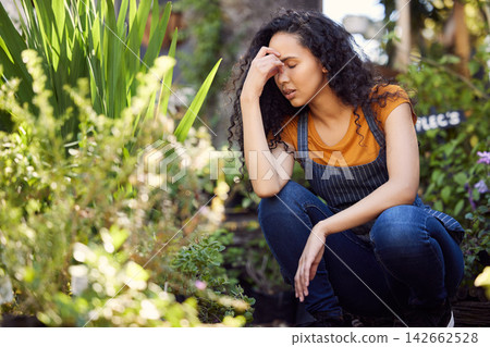 Plants, woman or gardener with headache of stress, burnout and overworked in small business. Florist, exhausted and fatigue with sick or pain of work pressure, problem and backyard of shop owner Plants, woman or gardener with headache of stress, burnout and overworked in small business. Florist, exhausted and fatigue with sick or pain of work pressure, problem and backyard of shop owner 142662528