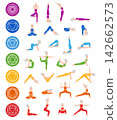 Set of poses elderly woman yoga. Chakra Yoga asana. Chakra systems of human body. Healthy lifestyle. Flat cartoon character. Vector illustration 142662573