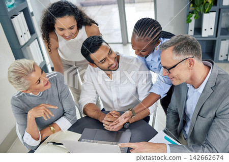 Happy, business people and meeting with laptop in office for training and feedback in company appraisal. Smile, corporate group and mentor with tech in boardroom for interns learning and conversation Happy, business people and meeting with laptop in office for training and feedback in company appraisal. Smile, corporate group and mentor with tech in boardroom for interns learning and conversation 142662674