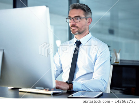 Business, man and computer for office, working and corporate email for connection. Lawyer, law firm and technology for online research, legal project and website reading in formal workplace. Business, man and computer for office, working and corporate email for connection. Lawyer, law firm and technology for online research, legal project and website reading in formal workplace. 142662753