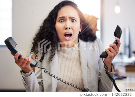 Telephone, stress and portrait of business woman with challenge, scam or mistake in office. Phone, face and frustrated secretary on call with anxiety, depression or tired of work burnout on landline Telephone, stress and portrait of business woman with challenge, scam or mistake in office. Phone, face and frustrated secretary on call with anxiety, depression or tired of work burnout on landline 142662822