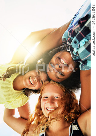 Happy, huddle and portrait of children outdoor for bonding, playing and fun together on weekend. Diversity, youth and low angle of girls hug in circle for childhood, friendship or relax with sunshine Happy, huddle and portrait of children outdoor for bonding, playing and fun together on weekend. Diversity, youth and low angle of girls hug in circle for childhood, friendship or relax with sunshine 142662848