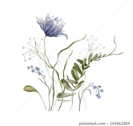 Watercolor illustration of delicate spring bouquet featuring blue blue forget-me-nots flowers and green leaves. Floral arrangement for printable digital wall art. Hand drawn on isolated background Watercolor illustration of delicate spring bouquet featuring blue blue forget-me-nots flowers and green leaves. Floral arrangement for printable digital wall art. Hand drawn on isolated background 142662864