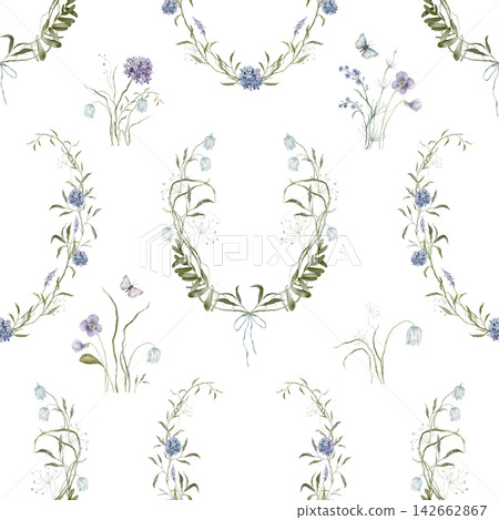 Seamless watercolor pattern with soft bluebell meadow. Botanical repeat design with illustrations of delicate green leaves, blue purple wildflower. For textile printing, wallpaper, gift wrapping paper Seamless watercolor pattern with soft bluebell meadow. Botanical repeat design with illustrations of delicate green leaves, blue purple wildflower. For textile printing, wallpaper, gift wrapping paper 142662867