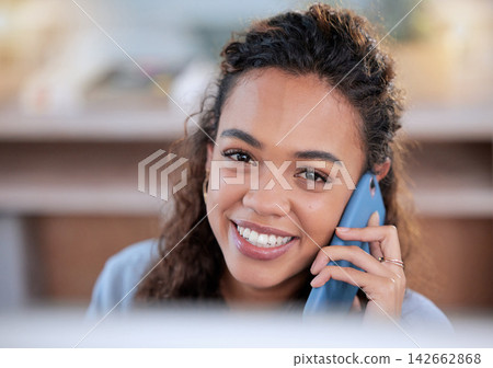 Woman, phone call and portrait at computer in office, conversation and networking on app. Female person, secretary and website for research and receptionist, planning and consultant for communication 142662868