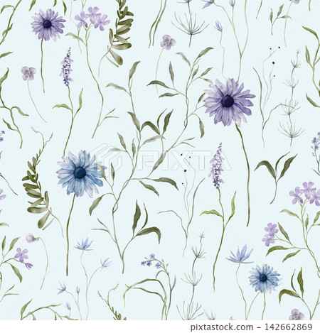 Watercolor seamless pattern with illustration light blue and violet wildflowers herbs flowers - phlox, cornflower, fritillary, echinacea, daisy, chamomile. Repeat pattern for textile Watercolor seamless pattern with illustration light blue and violet wildflowers herbs flowers - phlox, cornflower, fritillary, echinacea, daisy, chamomile. Repeat pattern for textile 142662869