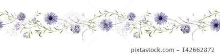 Horizontal Banner watercolor illustration with violet wildflower botanical. Seamless border or frame with hand drawn illustration Frame with echinacea or daisy and purple phlox. Horizontal Banner watercolor illustration with violet wildflower botanical. Seamless border or frame with hand drawn illustration Frame with echinacea or daisy and purple phlox. 142662872