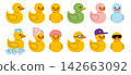 Set of ten yellow rubber ducks in different colors, poses and accessories like towel, goggles and cap. Flat vector illustration 142663092