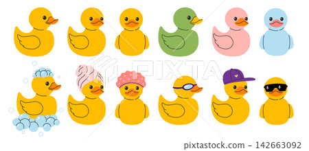 Set of ten yellow rubber ducks in different colors, poses and accessories like towel, goggles and cap. Flat vector illustration Set of ten yellow rubber ducks in different colors, poses and accessories like towel, goggles and cap. Flat vector illustration 142663092
