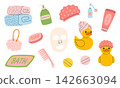 Bathroom spa accessories with rubber ducks, towels, soap, shampoo, comb and face mask. Flat vector illustration 142663094