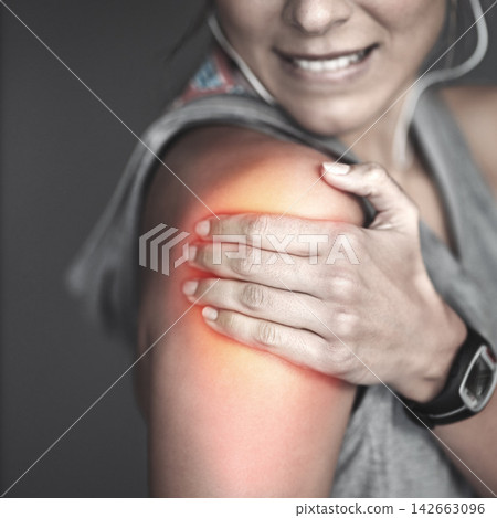 Shoulder pain, woman and fitness with injury, accident and exercise with workout, runner or emergency. Closeup, person or girl with red highlight, medical and health issue with broken or inflammation Shoulder pain, woman and fitness with injury, accident and exercise with workout, runner or emergency. Closeup, person or girl with red highlight, medical and health issue with broken or inflammation 142663096