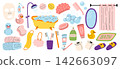 Big bathroom accessories set with rubber ducks, bathtub, towels, soap, shampoo, mirror and shower curtain. Flat vector illustration 142663097