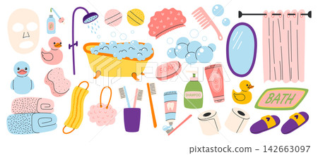 Big bathroom accessories set with rubber ducks, bathtub, towels, soap, shampoo, mirror and shower curtain. Flat vector illustration Big bathroom accessories set with rubber ducks, bathtub, towels, soap, shampoo, mirror and shower curtain. Flat vector illustration 142663097