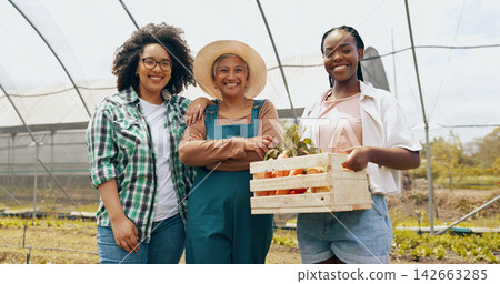 Farm, agriculture or face of women with basket of vegetables, harvest or fresh produce. Farming sustainability, greenhouse or happy farmers with teamwork or crate of organic, natural and healthy food Farm, agriculture or face of women with basket of vegetables, harvest or fresh produce. Farming sustainability, greenhouse or happy farmers with teamwork or crate of organic, natural and healthy food 142663285