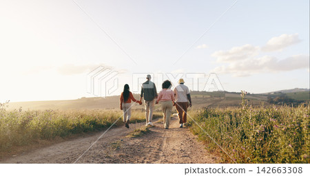 Group, friends and holding hands with vacation, back and summer break with adventure, fresh air and journey. People, outdoor and holiday with road trip getaway, trust and nature with mountains 142663308