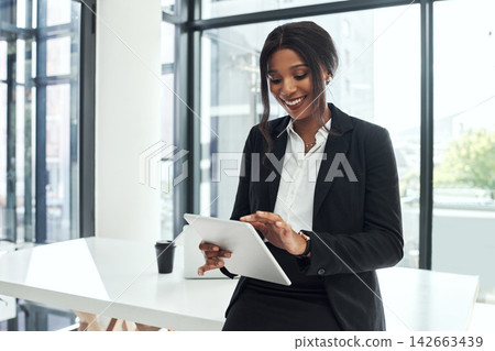 Happy, lawyer and black woman with tablet in office for legal research, online app and planning. Reading, news and professional attorney typing business email, networking or search for contact Happy, lawyer and black woman with tablet in office for legal research, online app and planning. Reading, news and professional attorney typing business email, networking or search for contact 142663439