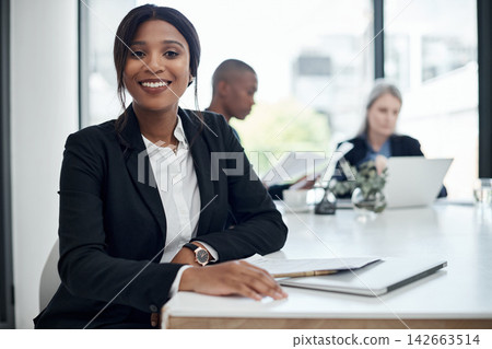 Happy black woman, portrait and accountant with documents in meeting for finance at office. African, female person or financial advisor with smile in confidence for paperwork on profit or revenue Happy black woman, portrait and accountant with documents in meeting for finance at office. African, female person or financial advisor with smile in confidence for paperwork on profit or revenue 142663514