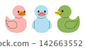 Three rubber duck toys in pink blue and green colors with different beak shades. Flat vector illustration 142663552