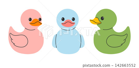 Three rubber duck toys in pink blue and green colors with different beak shades. Flat vector illustration 142663552