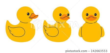 Three yellow rubber duck toys shown in different angles side and front view. Flat vector illustration 142663553