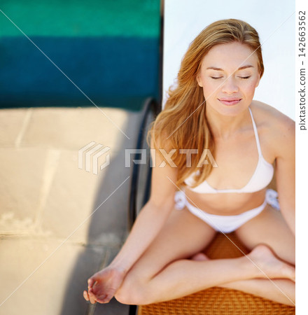 Eyes closed, woman and meditation at spa on holiday with smile on vacation in bikini, happy and wellness in Italy. Female person, cheerful and calm for travel, trip or destination in Tuscany by pool Eyes closed, woman and meditation at spa on holiday with smile on vacation in bikini, happy and wellness in Italy. Female person, cheerful and calm for travel, trip or destination in Tuscany by pool 142663562