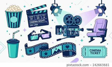 Cinema and movie theater entertainment icons set on white background Cinema and movie theater entertainment icons set on white background 142663681