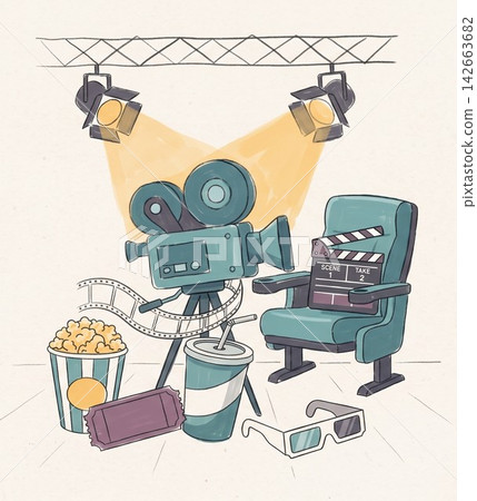 Cinema equipment and snacks illustration with camera 142663682