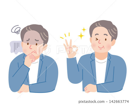 一組插圖,描繪了一位中年男子,他臉上帶著微笑,但表情憂慮。 一組插圖,描繪了一位中年男子,他臉上帶著微笑,但表情憂慮。 142663774