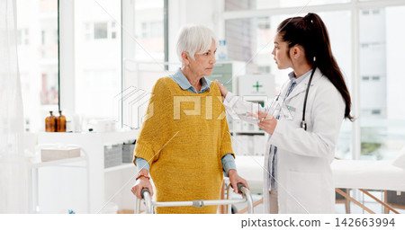 Walking frame, medicine or doctor with a senior patient in consultation for healthcare advice at hospital. Prescription, pills or medical worker talking to elderly woman for rehabilitation at clinic Walking frame, medicine or doctor with a senior patient in consultation for healthcare advice at hospital. Prescription, pills or medical worker talking to elderly woman for rehabilitation at clinic 142663994