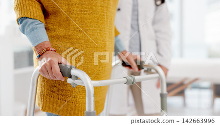 Senior hands, doctor and physiotherapy with walker for support, help and healthcare. Walking frame, medical professional and person with a disability in hospital, rehabilitation and physical therapy Senior hands, doctor and physiotherapy with walker for support, help and healthcare. Walking frame, medical professional and person with a disability in hospital, rehabilitation and physical therapy 142663996