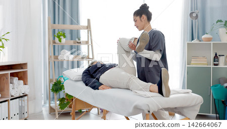 Consulting, physiotherapist and senior woman for physical therapy, healthcare service and support. Physiotherapy, chiropractor and medical worker or person talking to elderly patient in consultation 142664067