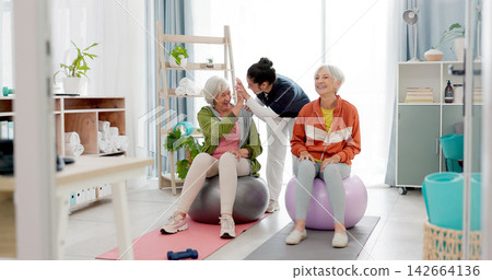 Senior woman, fitness and together with high five, personal trainer and exercise ball with workout achievement. Elderly lady, training and young coach with goals, motivation or support in retirement Senior woman, fitness and together with high five, personal trainer and exercise ball with workout achievement. Elderly lady, training and young coach with goals, motivation or support in retirement 142664136