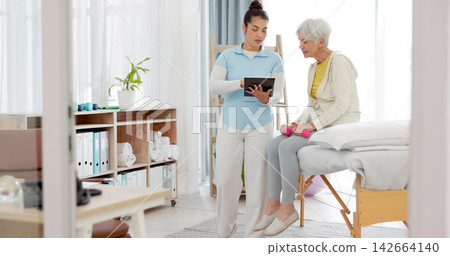 Senior people, physiotherapy and tablet for support, dumbbell exercise and physical therapy exam. Workout, training and fitness of elderly woman, patient or nurse with digital technology for progress Senior people, physiotherapy and tablet for support, dumbbell exercise and physical therapy exam. Workout, training and fitness of elderly woman, patient or nurse with digital technology for progress 142664140
