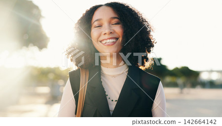 Outdoor, business woman and face with smile after work, weekend plans and happy to finish job. Creative career, professional and pride of journalist while travel, commute and journey in park Outdoor, business woman and face with smile after work, weekend plans and happy to finish job. Creative career, professional and pride of journalist while travel, commute and journey in park 142664142