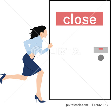An illustration of a businesswoman rushing to the restroom. An illustration of a businesswoman rushing to the restroom. 142664157
