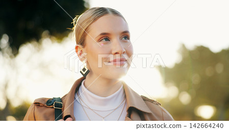 Woman, outdoor and pride in fashion, style and trend in London in winter, brand and clothing with idea. Female person, makeup and confident for beauty, femininity and smile in thinking or positive 142664240