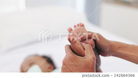 Hands, feet and mother with baby on a bed with bonding, support and security in their home together. Toes, love and mom with kid in a bedroom for comfort, reflexology massage and safety with care Hands, feet and mother with baby on a bed with bonding, support and security in their home together. Toes, love and mom with kid in a bedroom for comfort, reflexology massage and safety with care 142664366
