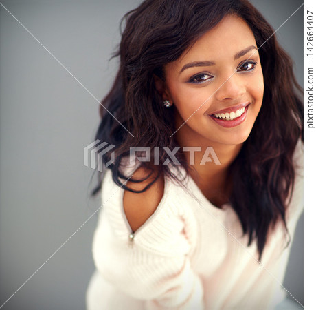 Black girl, portrait and smile in studio for beauty or fashion with cosmetics, clothes and modern or trendy winter style. African woman, isolated and grey background with mockup, glow and aesthetics. Black girl, portrait and smile in studio for beauty or fashion with cosmetics, clothes and modern or trendy winter style. African woman, isolated and grey background with mockup, glow and aesthetics. 142664407