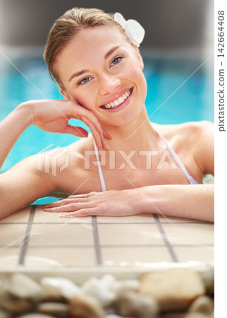 Happy, portrait or woman in spa swimming pool for vacation, holiday or wellness and rest. Female person, relax and smiling at resort with water for summer getaway, weekend break or fun and self care Happy, portrait or woman in spa swimming pool for vacation, holiday or wellness and rest. Female person, relax and smiling at resort with water for summer getaway, weekend break or fun and self care 142664408