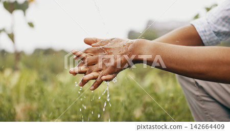 Hands, cleaning and water or outdoor for hygiene bacteria or wellness splash, forest or dirt. Person, fingers and liquid drops in nature or washing for germ protection or eco friendly, wet or hydrate 142664409