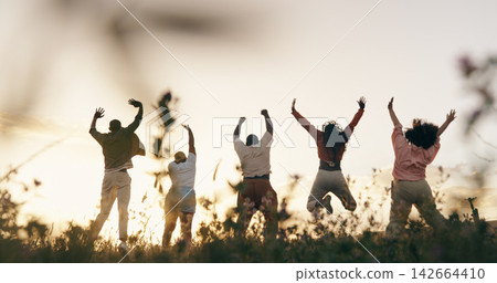 Group, friends and jump or sunset field for outdoor vacation for connection, holiday or milestone. People, community and leap in nature for agriculture celebration in countryside, land or back view Group, friends and jump or sunset field for outdoor vacation for connection, holiday or milestone. People, community and leap in nature for agriculture celebration in countryside, land or back view 142664410