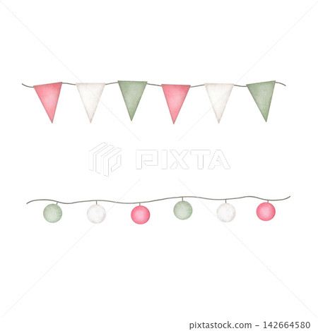 Garlands with pennants and ornaments in red, green, and white. Hand-painted watercolor illustration, isolated on a white background. Print for greeting cards, packaging, and textiles Garlands with pennants and ornaments in red, green, and white. Hand-painted watercolor illustration, isolated on a white background. Print for greeting cards, packaging, and textiles 142664580