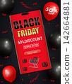 Attractive Black Friday promotional mobile banner featuring a red smartphone with gold typography, shopping cart, gift boxes, red and black balloons, and a fifty percent discount offer on a dark backg 142664881