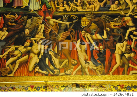 Iran, Isfahan, Vank Cathedral, interior fresco depicting the Last Judgment and Hell. 142664951