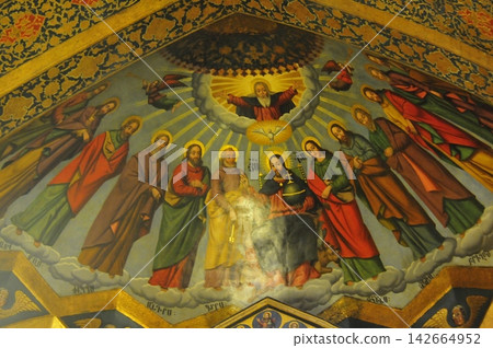 Iran, Isfahan, Vank Cathedral, interior fresco depicting Christ and the Twelve Apostles 142664952